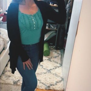 Teal ruffle pearl top